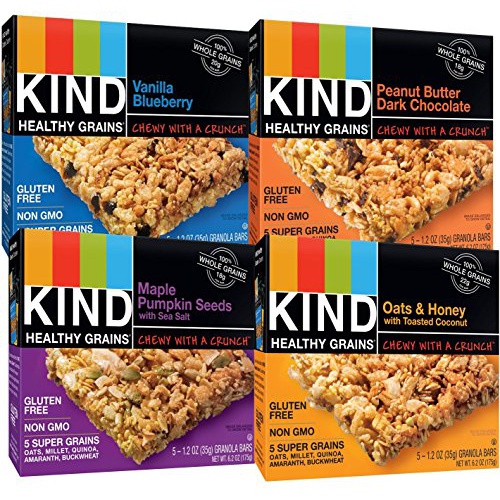  KIND Healthy Whole Grains Granola Snack Bars, (Count 4) Variety Pack with Peanut Butter and Dark Chocolate, Vanilla Blueberry, Oats & Honey and Maple Pumpkin Seeds Flavors