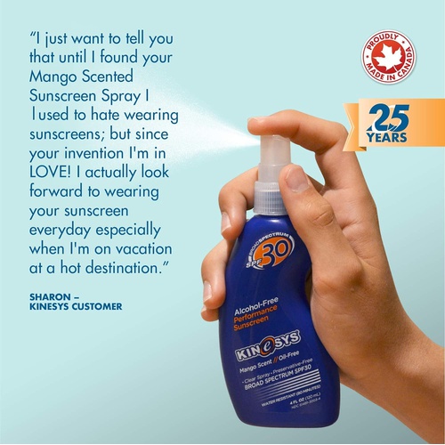  KINeSYS Performance Sunscreen SPF 30 Mango Scent Spray Sunscreen, Mango Scent (SPF 30), 4 Fl Oz