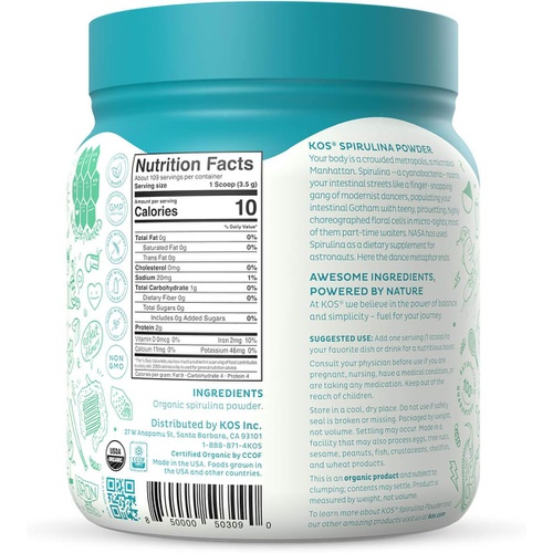  KOS USDA Organic Spirulina Powder - 100% Pure, Non-Irradiated Green Blue Spirulina Superfood Powder, Plant Based - Rich in Protein, Vitamins, Antioxidants & Fiber - Natural Taste,