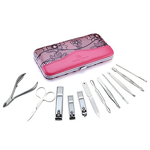  Keiby Citom Professional Stainless Steel Nail Clipper Set Nail Tools Manicure & Pedicure Set of 12pcs - Travel & Grooming Kit with Luxurious Case (Pink)