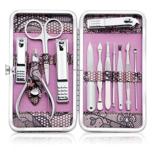  Keiby Citom Professional Stainless Steel Nail Clipper Set Nail Tools Manicure & Pedicure Set of 12pcs - Travel & Grooming Kit with Luxurious Case (Pink)