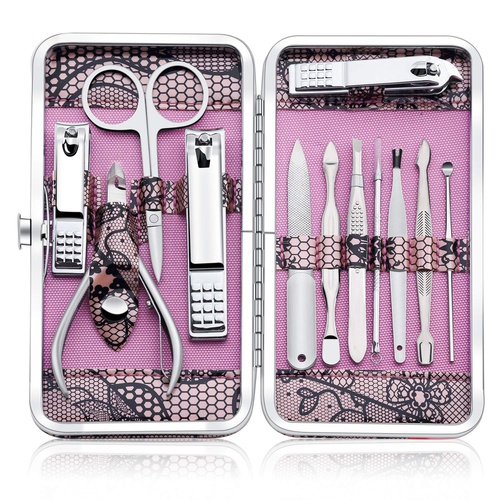  Keiby Citom Professional Stainless Steel Nail Clipper Set Nail Tools Manicure & Pedicure Set of 12pcs - Travel & Grooming Kit with Luxurious Case (Pink)