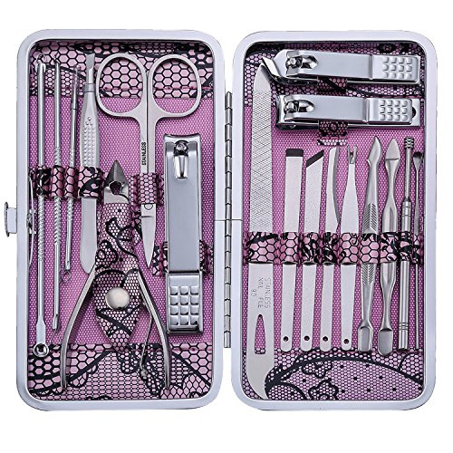  Keiby Citom Manicure Set Nail Clippers 18 Piece Stainless Steel Nail Kit, Professional Grooming Kit, Pedicure Tools with Travel Case (Pink)