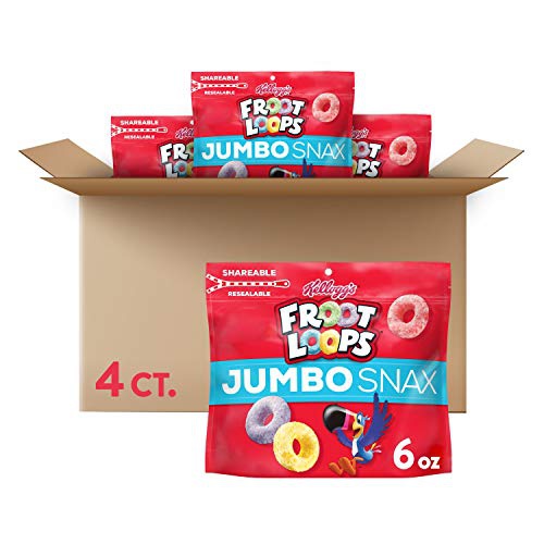  Kelloggs Froot Loops Jumbo Snax, Cereal Snacks, Original, On the Go, 6oz Resealable Bag(Pack of 4)