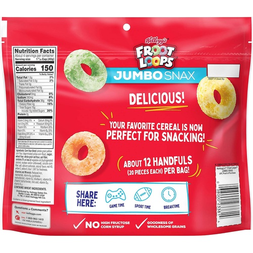  Kelloggs Froot Loops Jumbo Snax, Cereal Snacks, Original, On the Go, 6oz Resealable Bag(Pack of 4)