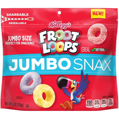  Kelloggs Froot Loops Jumbo Snax, Cereal Snacks, Original, On the Go, 6oz Resealable Bag(Pack of 4)