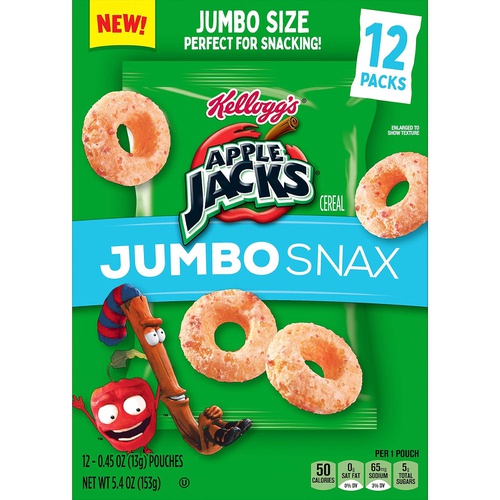  Kelloggs Apple Jacks Jumbo Snax, Cereal Snacks, On the Go, 12 - .45 oz bags (Pack of 4, 48 count total)