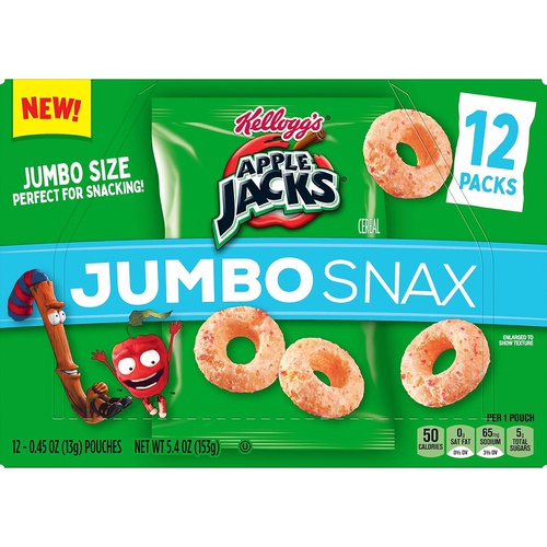  Kelloggs Apple Jacks Jumbo Snax, Cereal Snacks, On the Go, 12 - .45 oz bags (Pack of 4, 48 count total)