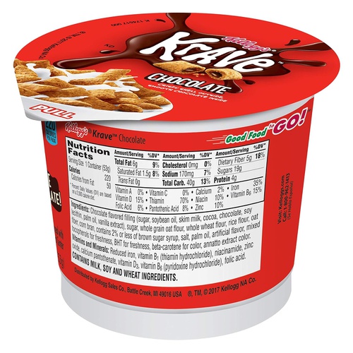  Kellogg’s Krave Breakfast Cereal in a Cup, Chocolate, Good Source of Fiber, Bulk Size, 12 Count (Pack of 2, 11.2 oz Trays)