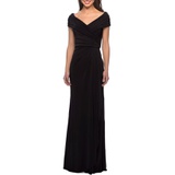 La Femme Ruched Jersey Column Gown_BLACK
