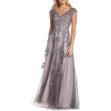 La Femme Embellished Mesh A-Line Gown_PINK/ GRAY