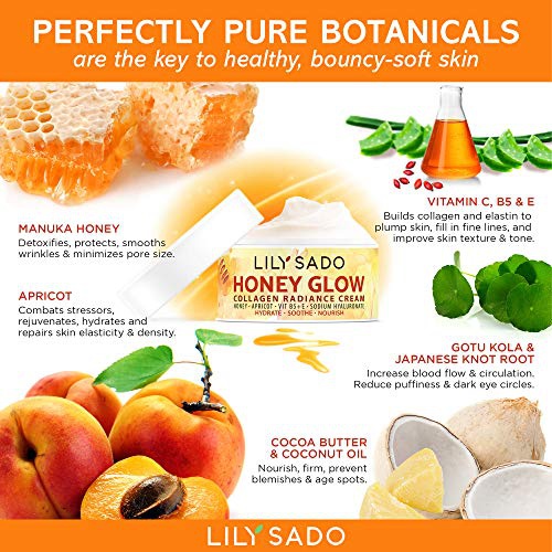  LILY SADO HONEY GLOW Collagen Radiance Cream Natural Face Moisturizer - Daily Facial Lotion - Manuka Honey, Apricot, Collagen & Sodium Hyaluronate - - Anti Aging For Wrinkles, Fine