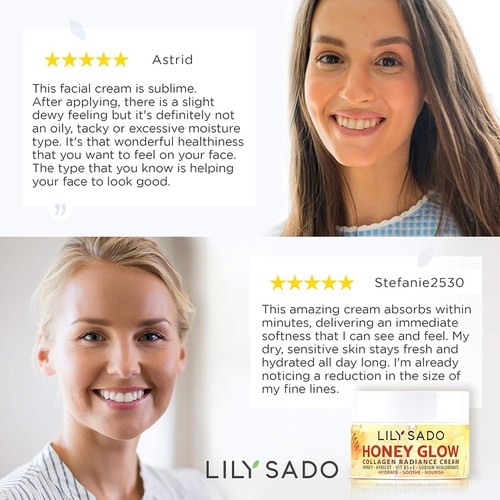  LILY SADO HONEY GLOW Collagen Radiance Cream Natural Face Moisturizer - Daily Facial Lotion - Manuka Honey, Apricot, Collagen & Sodium Hyaluronate - - Anti Aging For Wrinkles, Fine