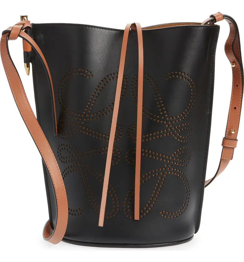 Loewe Gate Anagram Colorblock Leather Bucket Bag_BLACK/ TAN