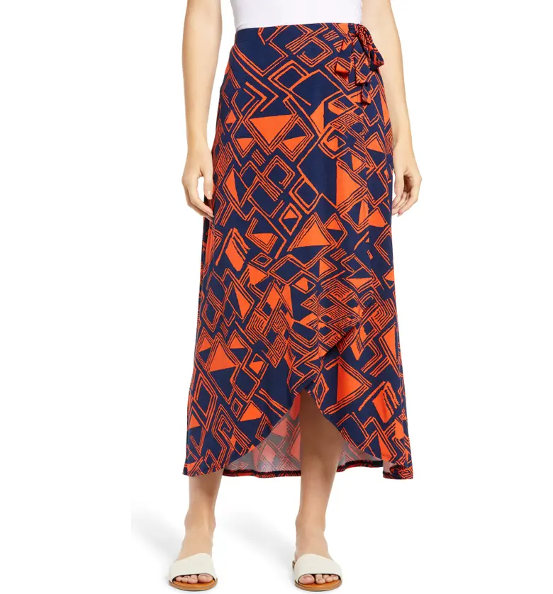 Loveappella Geo Print Faux Wrap Jersey Midi Skirt_NAVY/ ORANGE