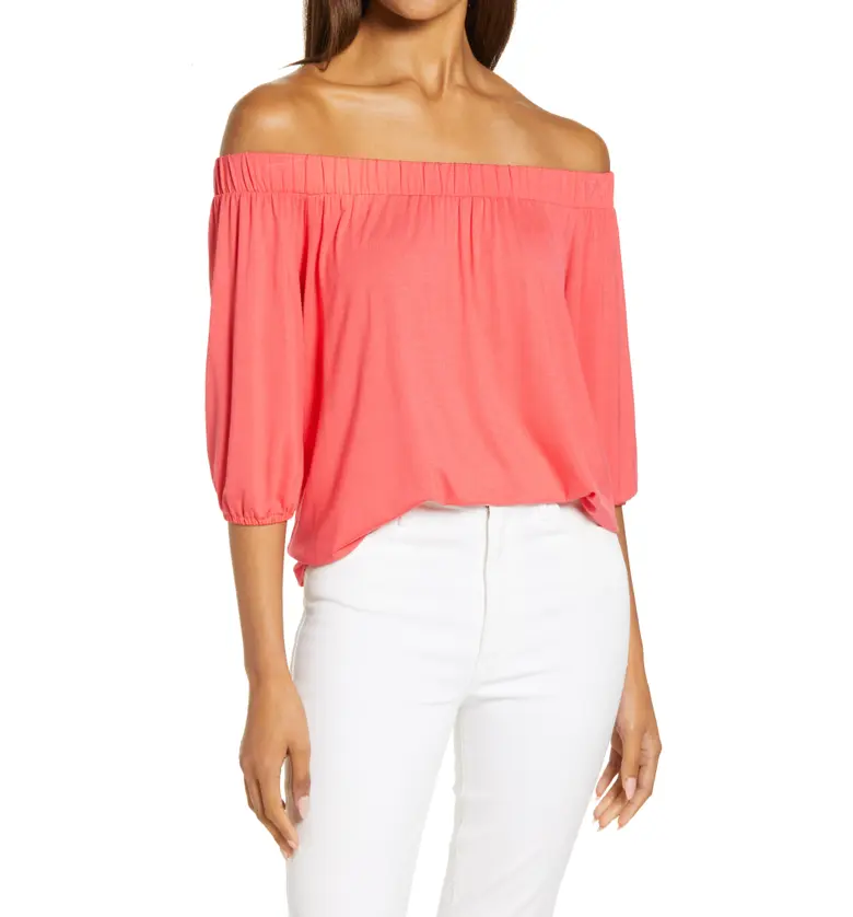 Loveappella Solid Off the Shoulder Top_CORAL