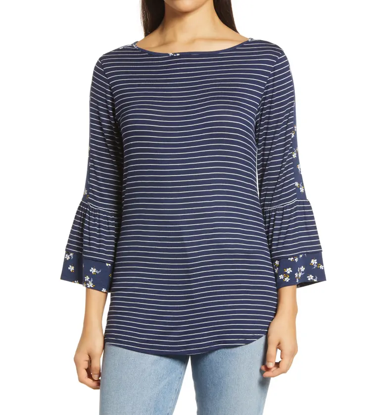 Loveappella Floral Stripe Flounce Sleeve Top_NAVY/ IVORY/ GLD
