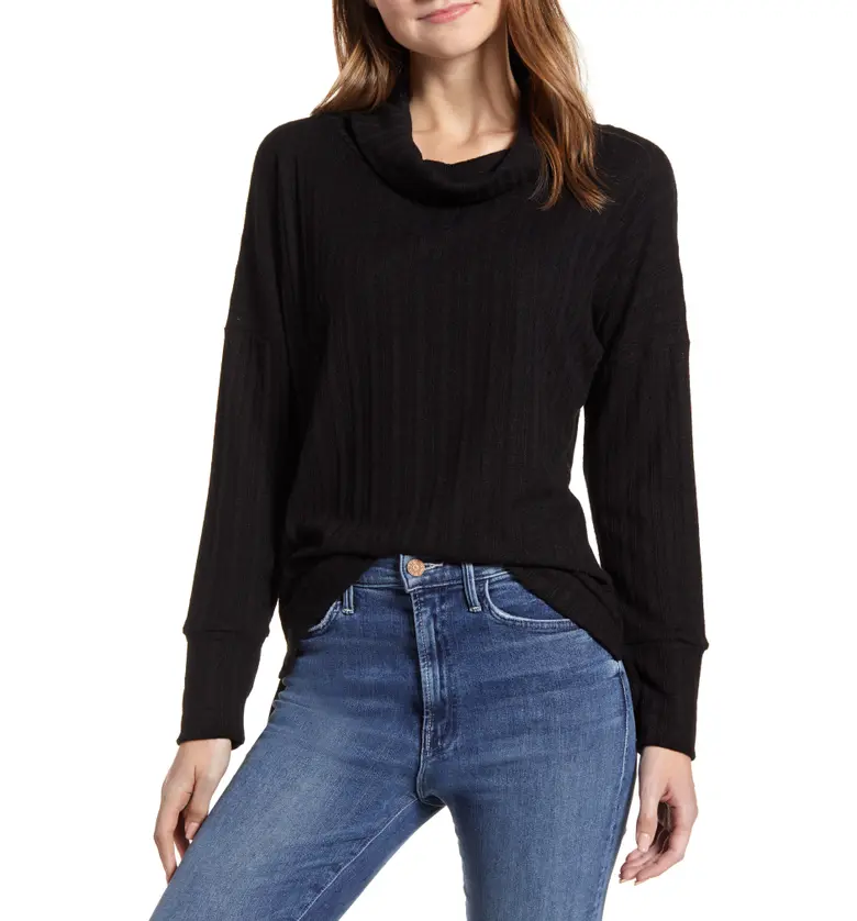 Loveappella Loveapella Pointelle Ribbed Cowl Neck Top_Black