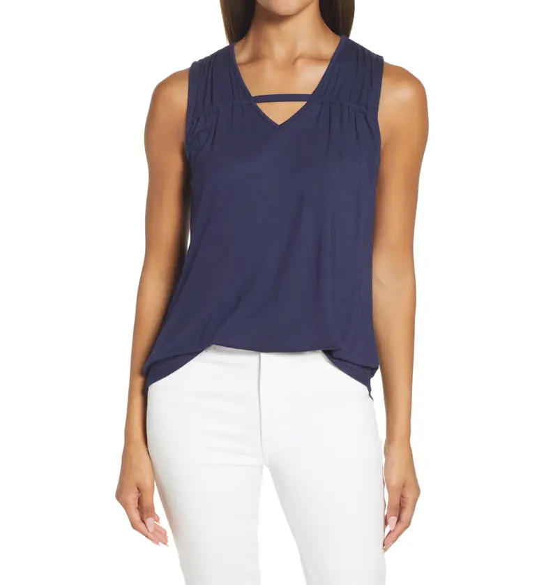 Loveappella Solid Gathered Shoulder Cutout Tank_MIDNIGHT