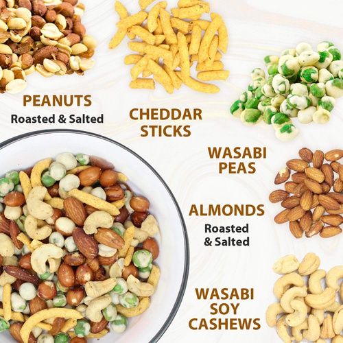  LOrenta Gourmet Spicy Fiesta Nut Mix: Wasabi Soy Seasoned Cashews, Wasabi Peas, Roasted Salted Almonds, Peanuts, and Cajun Cheddar Sticks