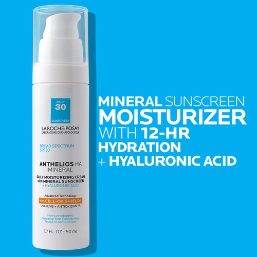  La Roche-Posay Anthelios 100% Mineral Sunscreen Moisturizer with Hyaluronic Acid, Broad Spectrum SPF 30 Face Sunscreen with Zinc Oxide & Titanium Dioxide, 1.7 fl. oz.