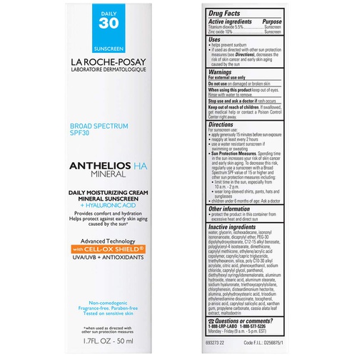  La Roche-Posay Anthelios 100% Mineral Sunscreen Moisturizer with Hyaluronic Acid, Broad Spectrum SPF 30 Face Sunscreen with Zinc Oxide & Titanium Dioxide, 1.7 fl. oz.