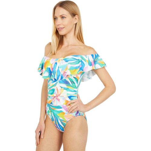  La Blanca Wild Tropic Off-the-Shoulder Ruffle Mio One-Piece Swimsuit