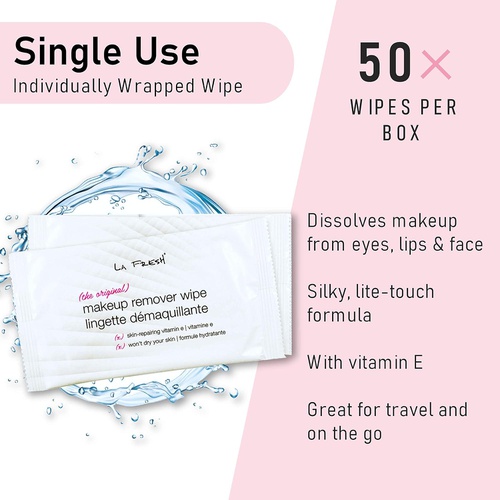  La Fresh Makeup Remover Cleansing Travel Wipes  Natural, Waterproof, Facial Towelettes With Vitamin E  Individually Wrapped & Sealed Packets (Large Size - 50 Count)