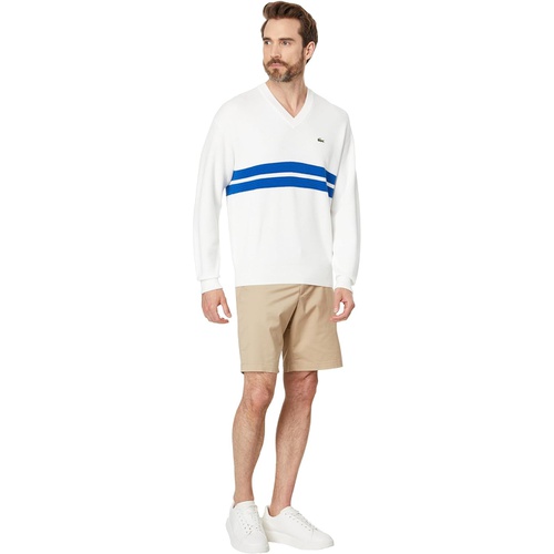 라코스테 Mens Lacoste Long Sleeve Relaxed Fit V-Neck Sweater with Stripes