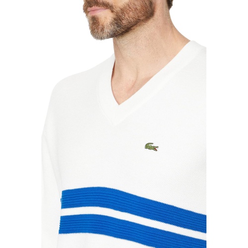 라코스테 Mens Lacoste Long Sleeve Relaxed Fit V-Neck Sweater with Stripes