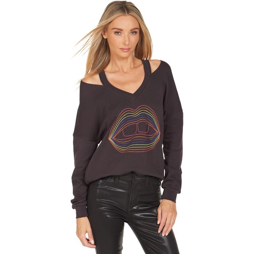  Lauren Moshi Patricia Rainbow Lip Outline Embroidered Cutout V-Neck Sweatshirt