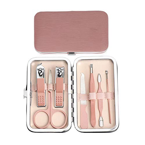  LeeFan, Professional Manicure Set, Grooming Kit 7 in1 for Lady, Stainless Steel Nail Clipper Hand and Foot Care Kits for Home and Travel,Pink
