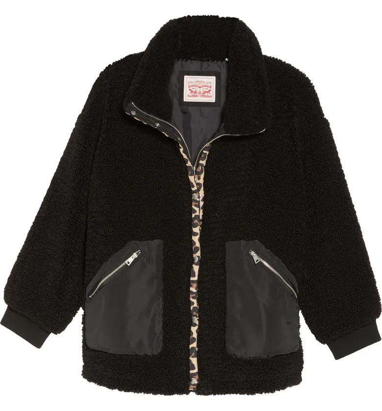 리바이스 Levis Womens Textured Fleece Zip-Up Jacket_BLACK/ LEOPARD