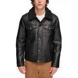 Mens Sherpa-Trim Faux-Leather Trucker Jacket