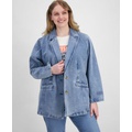 Plus Size Denim Long-Sleeve Blazer Jacket