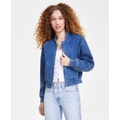 Womens Ribbed-Edge Cropped Denim Bomber Jacket