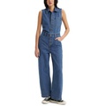 Womens Cotton Button-Front Sleeveless Jumpsuit