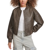 Womens Faux Leather Varsity Bomber Jacket