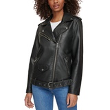 Womens Faux Leather Longline Belted Moto Jacket