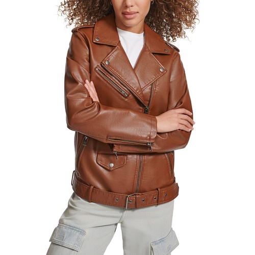 리바이스 Womens Faux Leather Longline Belted Moto Jacket