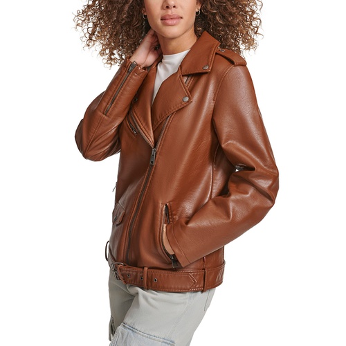 리바이스 Womens Faux Leather Longline Belted Moto Jacket