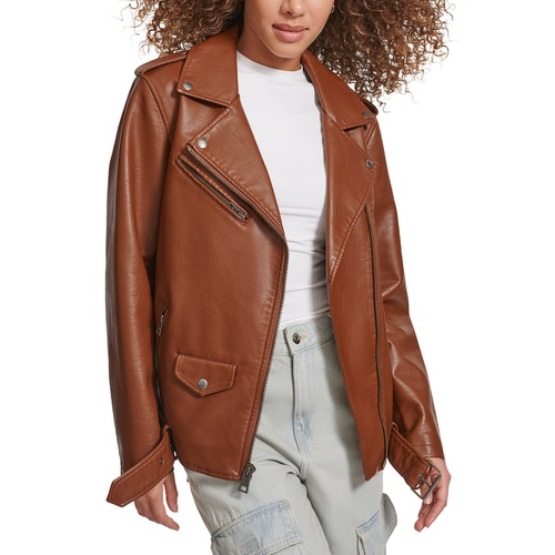 리바이스 Womens Faux Leather Longline Belted Moto Jacket