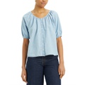 Womens Leanne Button-Front Puff-Sleeve Top