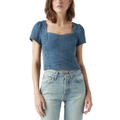 Womens Opehlia Denim Puff-Sleeve Corset Top