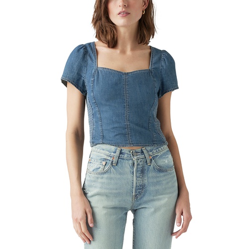 리바이스 Womens Opehlia Denim Puff-Sleeve Corset Top