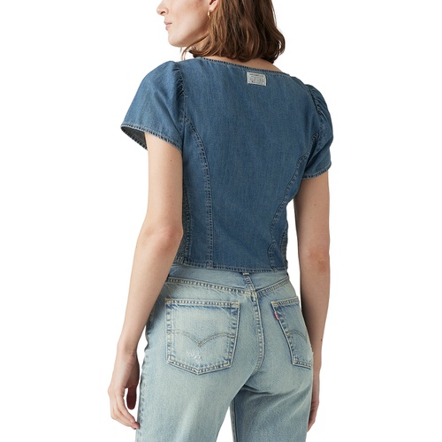 리바이스 Womens Opehlia Denim Puff-Sleeve Corset Top