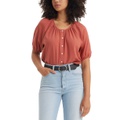 Womens Leanne Button-Front Puff-Sleeve Top