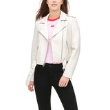 Womens Faux-Leather Belted Hem Moto Jacket