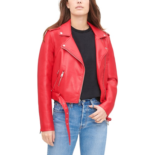 리바이스 Womens Faux-Leather Belted Hem Moto Jacket