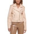 Womens Faux-Leather Belted Hem Moto Jacket